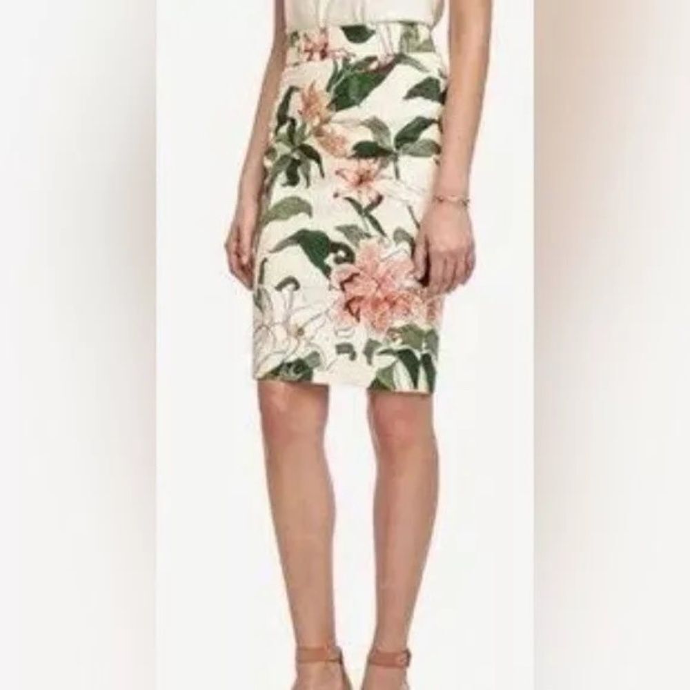 Ann Taylor Garden Ivory Tiger Lily Pink/Green Pencil Skirt Sz 0